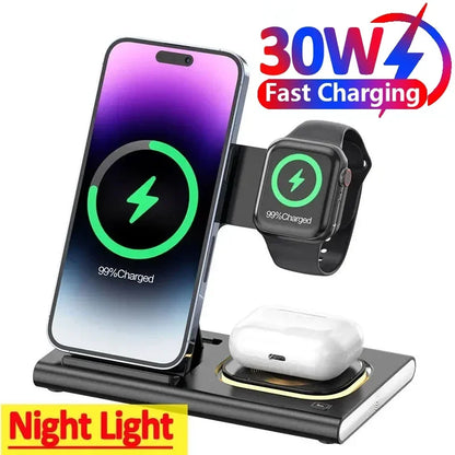 30W 3-in-1 Foldable Fast Charging Dock Station for iPhone 15/14/13/12 Pro Max, Apple Watch Series 8/7/6, and AirPods Wireless Charger