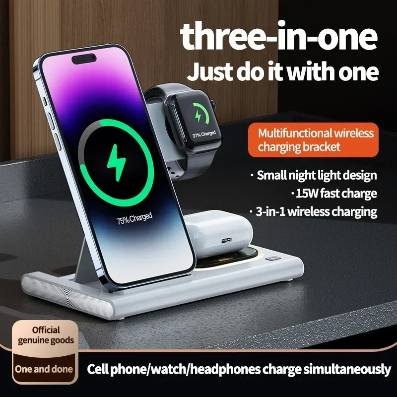 30W 3-in-1 Foldable Fast Charging Dock Station for iPhone 15/14/13/12 Pro Max, Apple Watch Series 8/7/6, and AirPods Wireless Charger