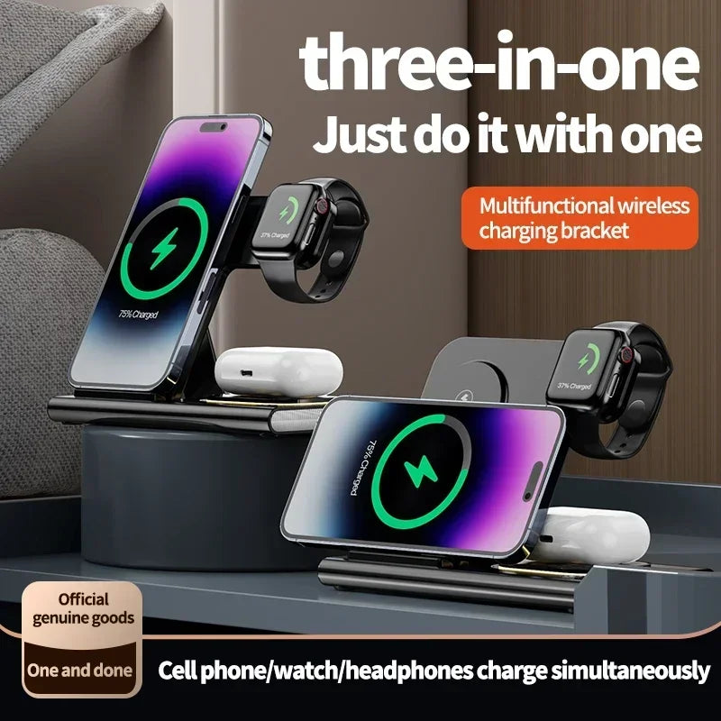 30W 3-in-1 Foldable Fast Charging Dock Station for iPhone 15/14/13/12 Pro Max, Apple Watch Series 8/7/6, and AirPods Wireless Charger