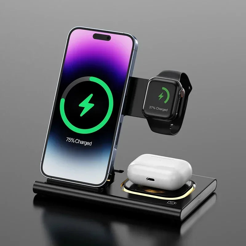 30W 3-in-1 Foldable Fast Charging Dock Station for iPhone 15/14/13/12 Pro Max, Apple Watch Series 8/7/6, and AirPods Wireless Charger